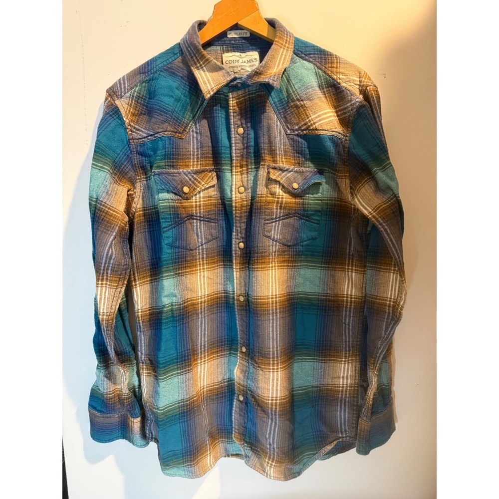 Cody James Mens Blue Brown Plaid Western Pearl Snap Flannel Shirt Regular Fit L